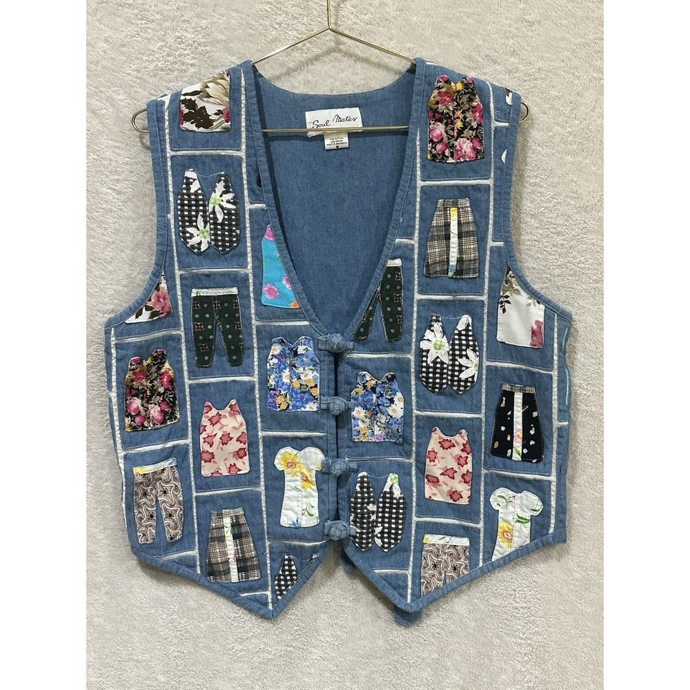 Soul Mates Vintage Boho Denim Vest Womens Medium Appliqué Patchwork Boho